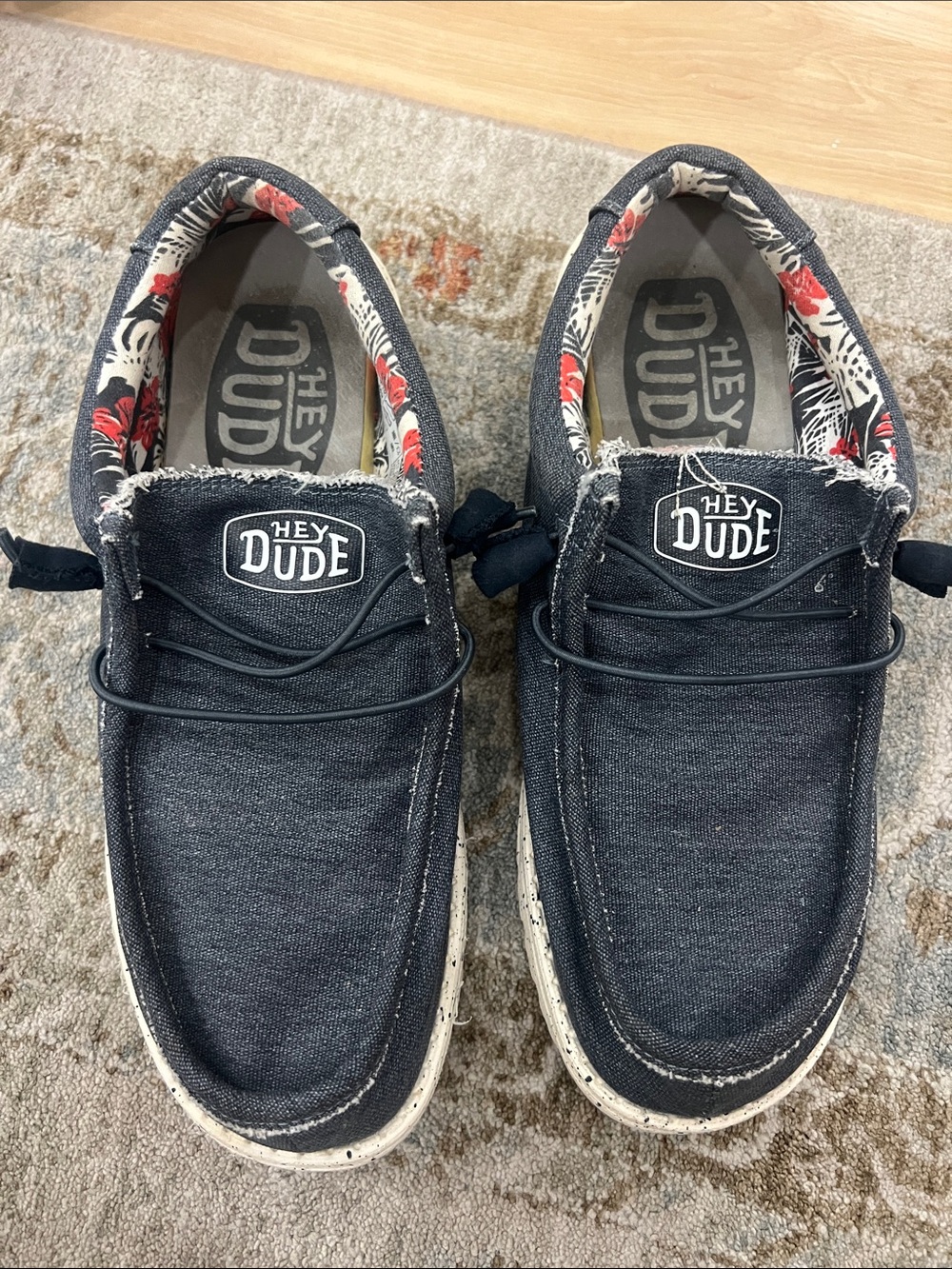Hey Dude Men's Dark Gray Canvas Slip-On Loafers with Floral Lining